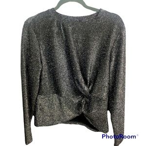 Women's Stretch Glitter Faux Tie Semi Crop Long Sleeved Top